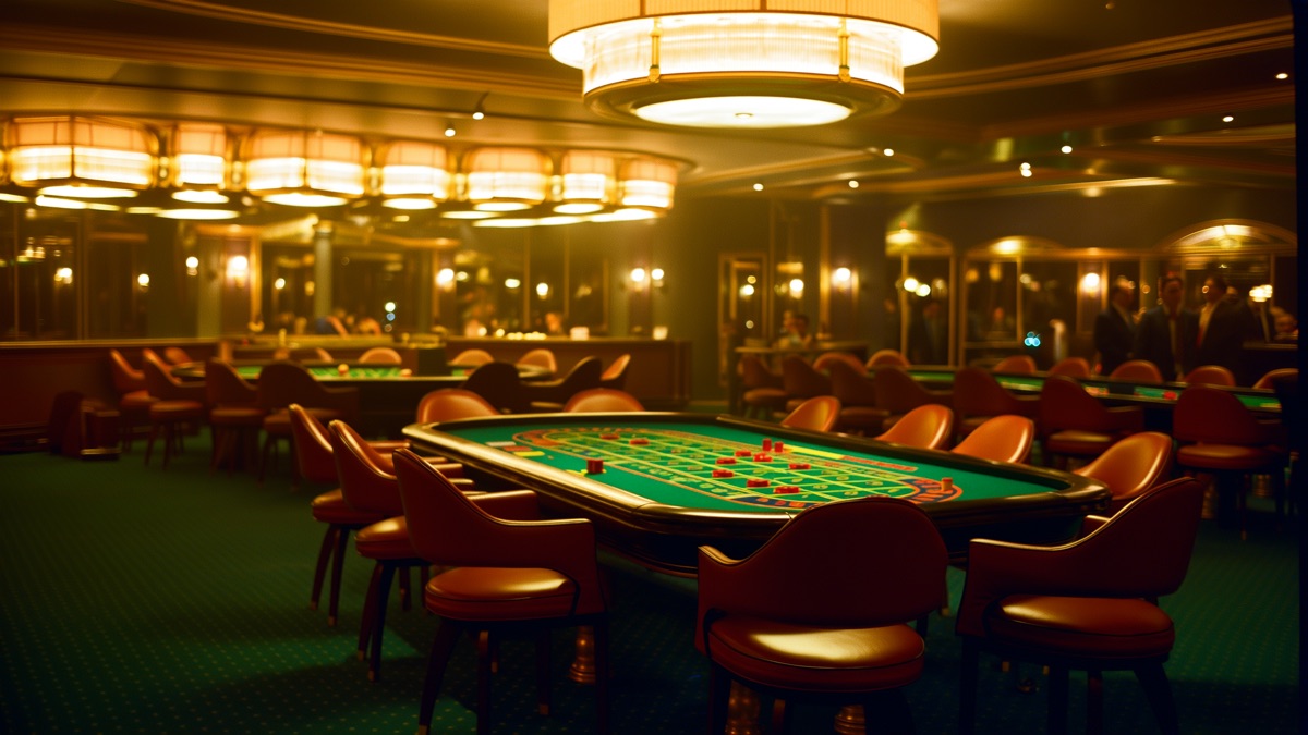 Inside a casino gaming room with roulette tables and warm lighting