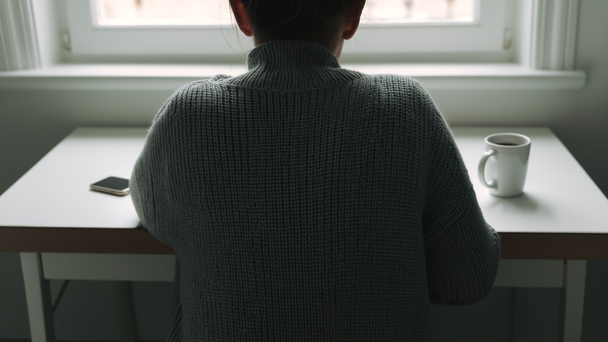A person sitting quietly at a kitchen table, reflecting with a cup of tea