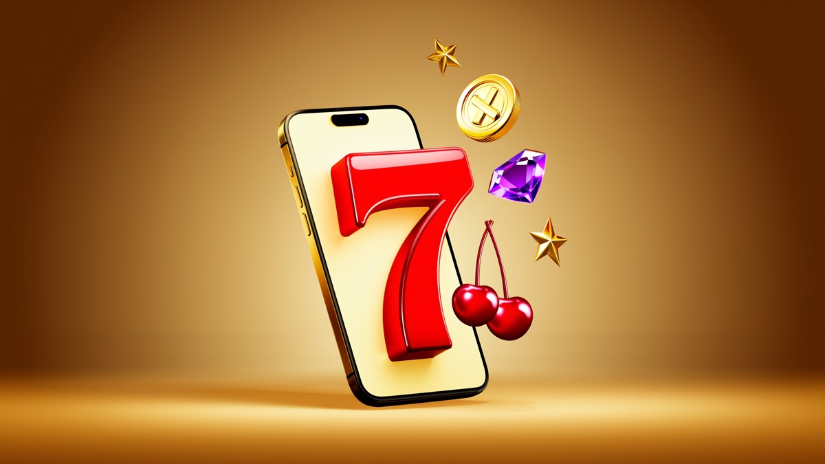 Casino slot symbols bursting out of a smartphone screen