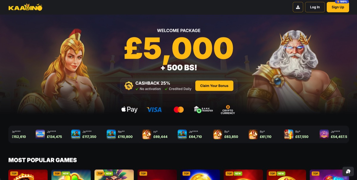 Kaasino non GamStop casino homepage Kaasino casino not on GamStop homepage with the welcome package and popular games