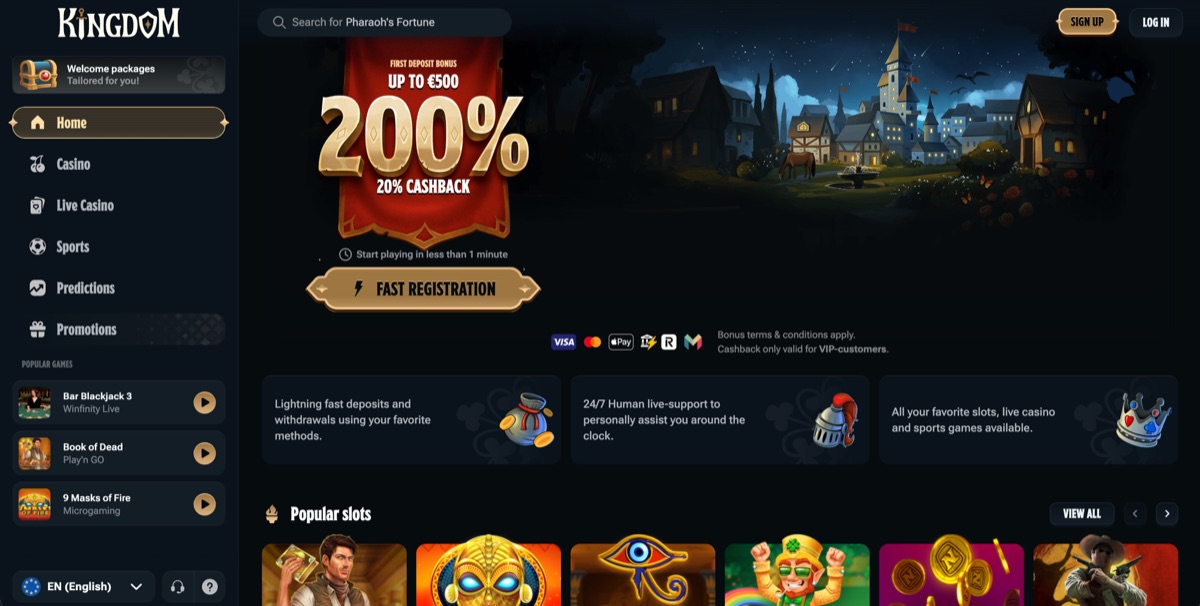 Kingdom Casino non GamStop casino homepage Kingdom Casino non GamStop homepage with the first deposit bonus and popular slots