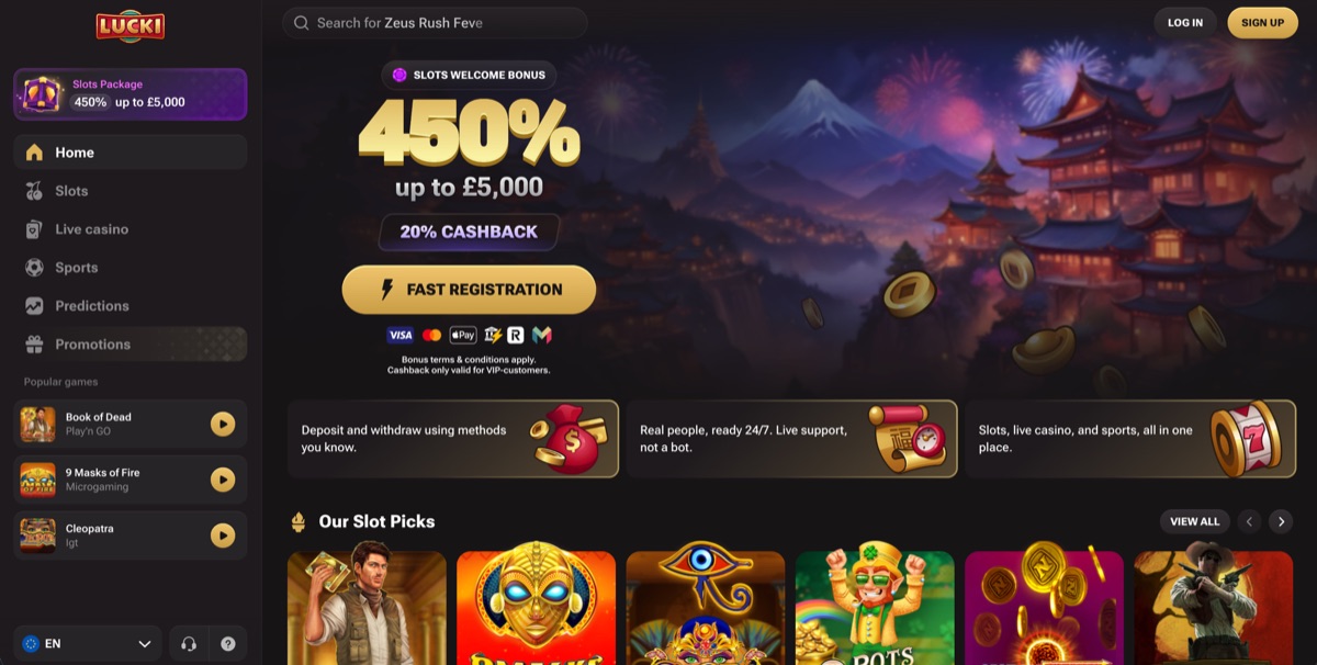 Lucki non GamStop casino homepage Lucki non GamStop casino homepage showing the welcome bonus and slots lobby