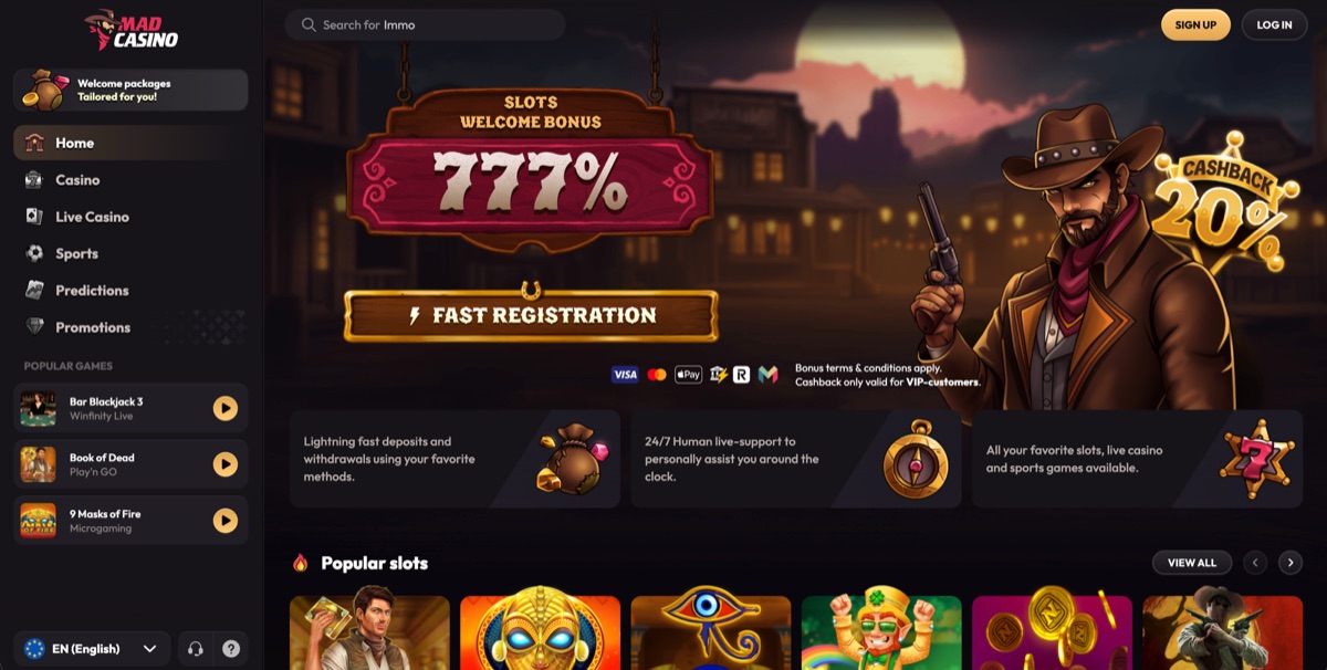 MadCasino non GamStop casino homepage MadCasino casino not on GamStop homepage showing the slots welcome bonus